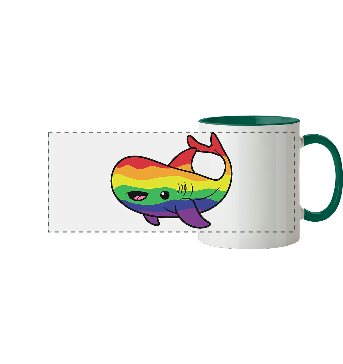 Bunte Tasse mit einem fröhlichen, regenbogenfarbigen Walsymbol.