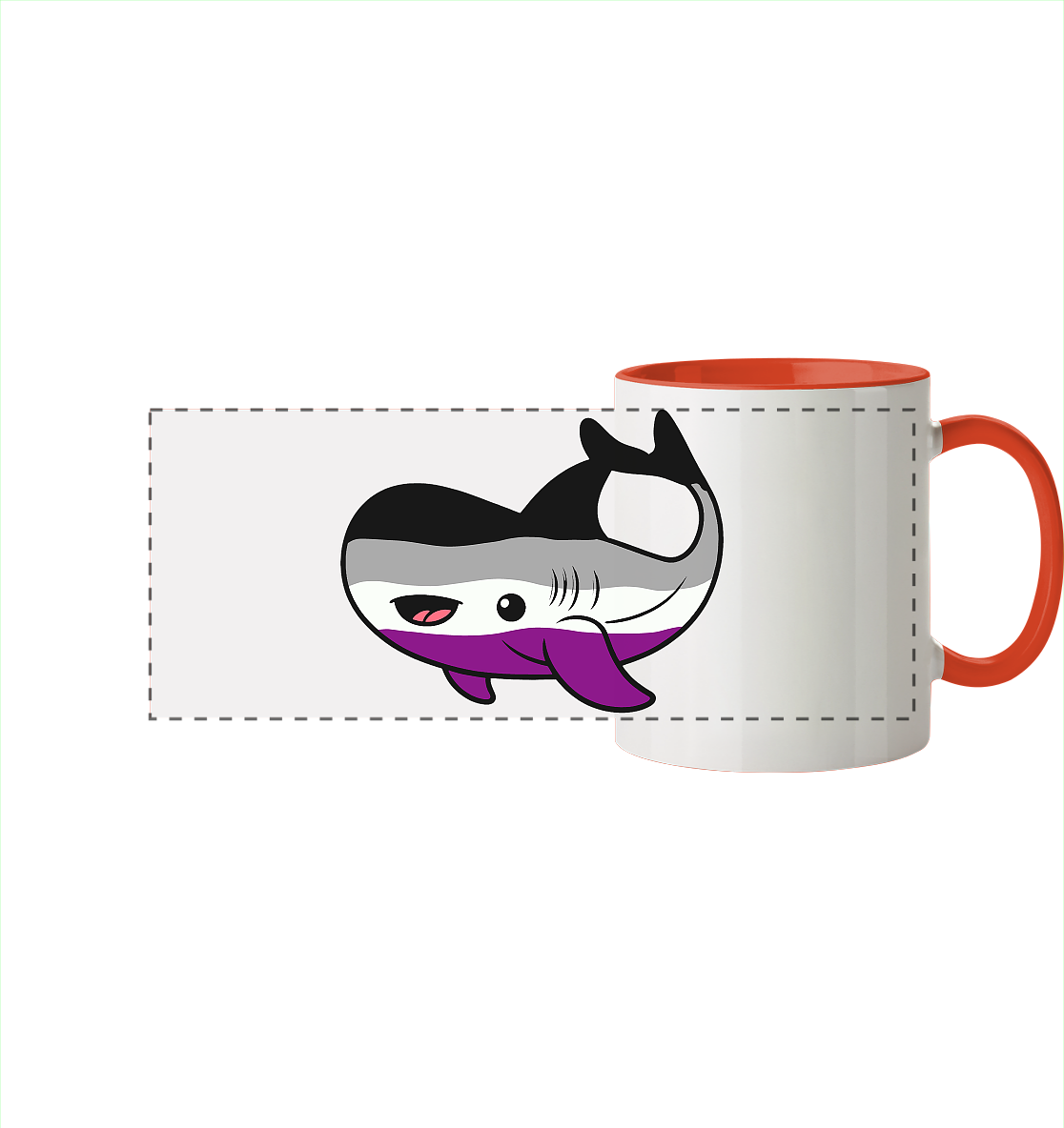 Bunte Tasse mit einem lachenden, cartoonhaften Haifisch-Design in Schwarz, Weiß und Lila.