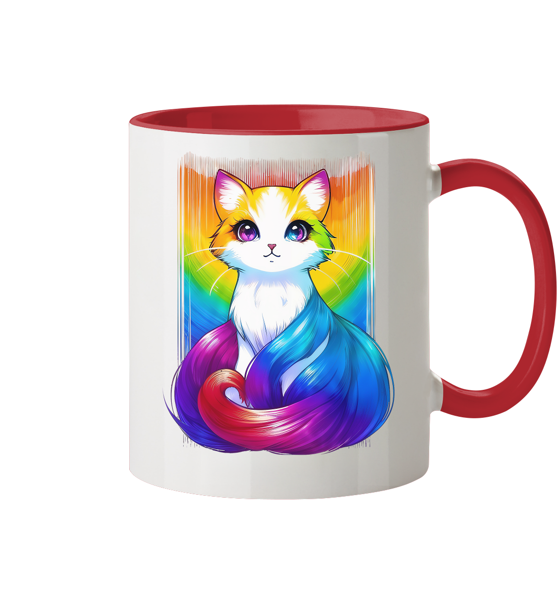 Bunte Tasse mit einem niedlichen, künstlerisch gestalteten Katzenmotiv in Regenbogenfarben.