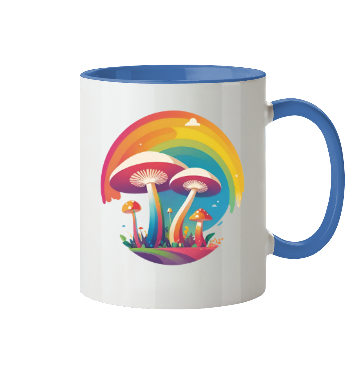 Bunte Tasse mit einem grafischen Motiv von Pilzen und einem Regenbogen.