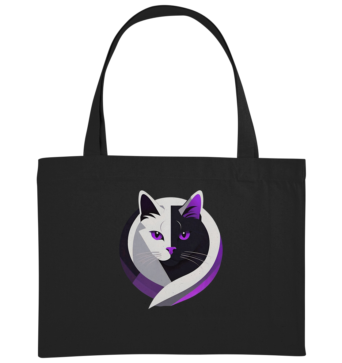 Tote Bag mit einem stylisierten schwarzen und weißen Katzenkopf in lila Akzenten.