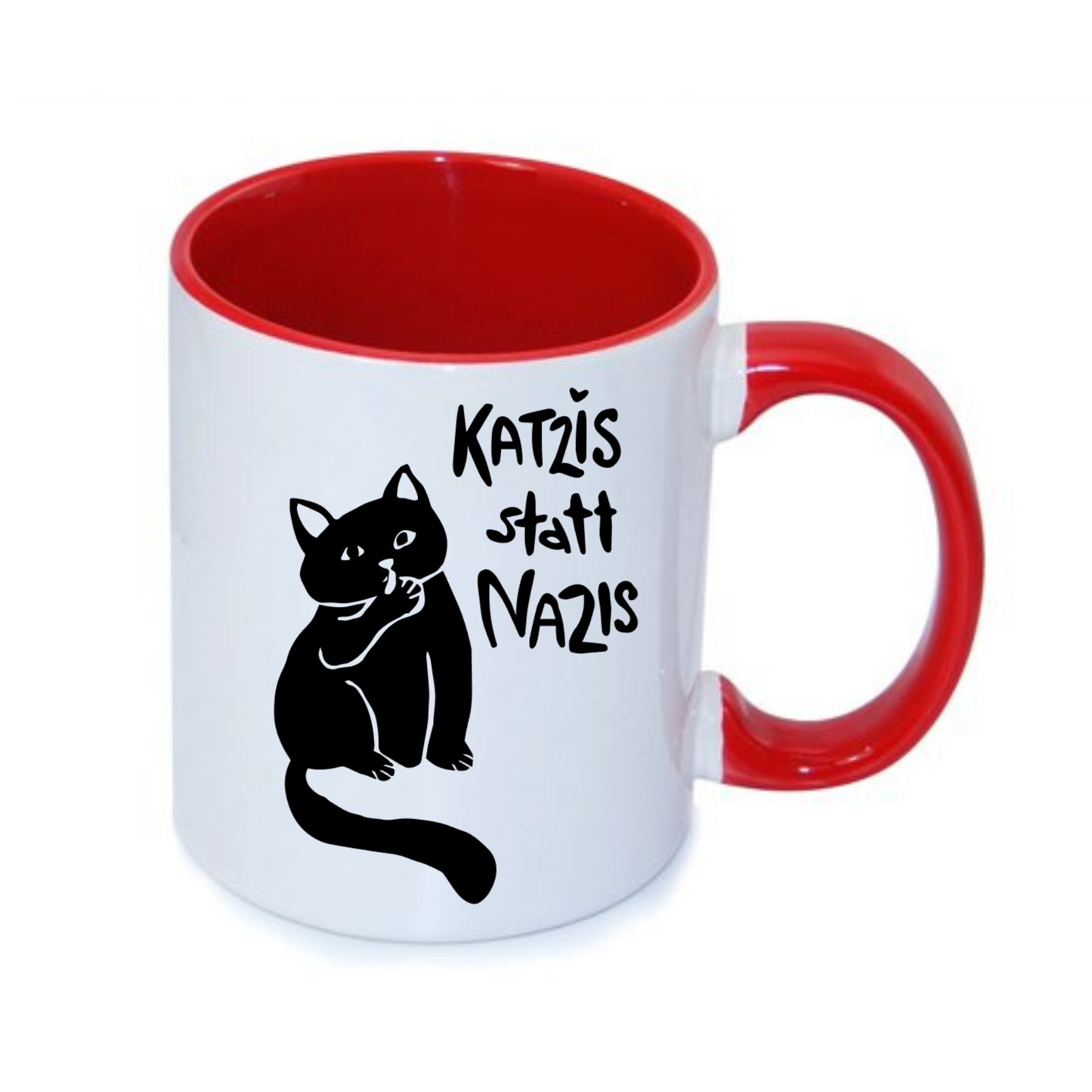Tasse mit rotem Henkel und Innenseite, bedruckt mit einem schwarz-weißen Katzenmotiv und dem Text "Katzis statt Nazis".