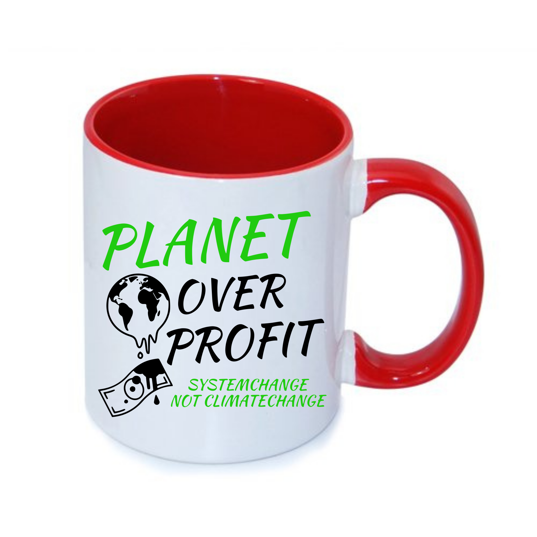 Keramiktasse mit dem Aufdruck "PLANET OVER PROFIT" und einer Grafik mit der Erde und Geldscheinen.