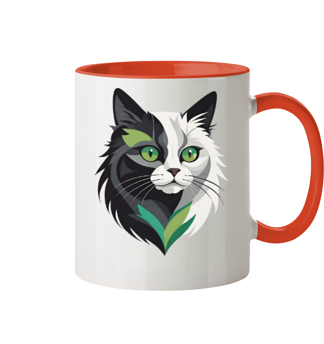 Bunte Tasse mit einem künstlerischen Katzenkopf-Design in Schwarz, Weiß und Grün.  