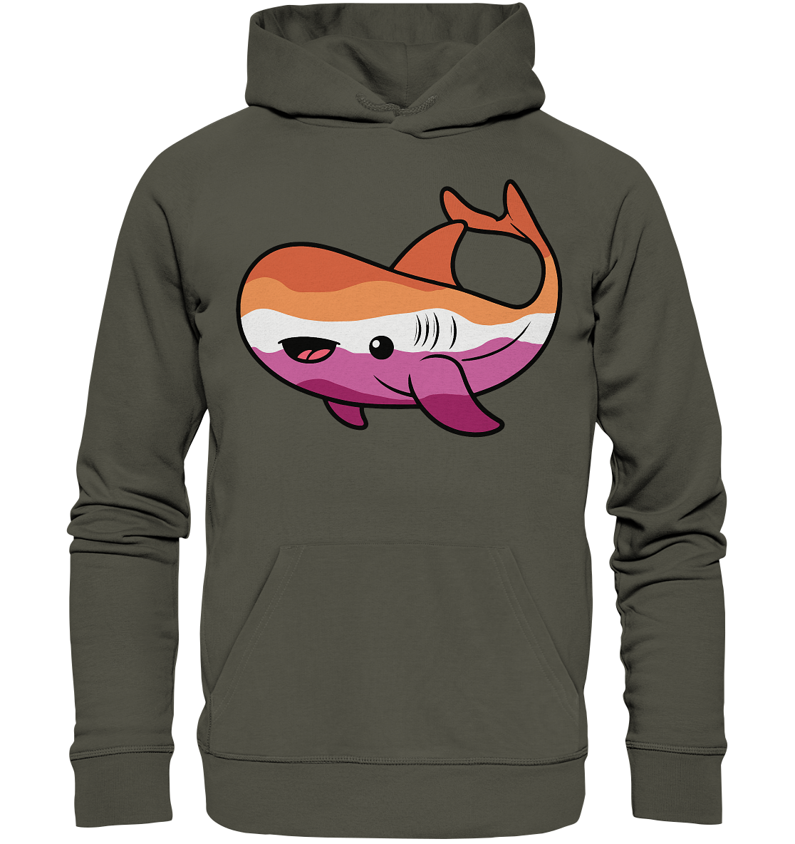 Hoodie mit einem farbenfrohen, cartoonhaften Wal-Design auf der Vorderseite.