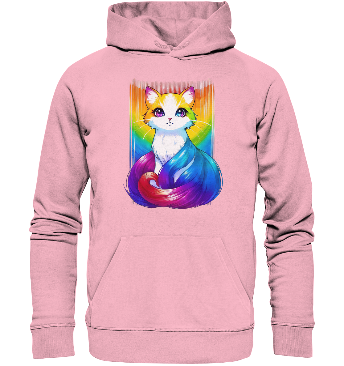 Kuscheliger rosa Hoodie mit einem bunten, künstlerischen Katzenmotiv.