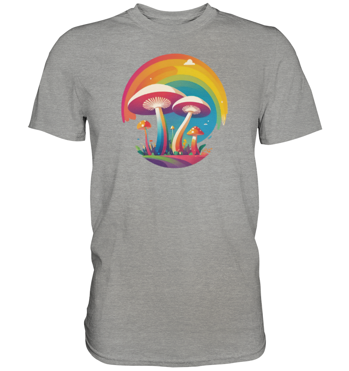 Graues T-Shirt mit buntem, künstlerischem Druck von Pilzen und einem Regenbogen im Hintergrund.