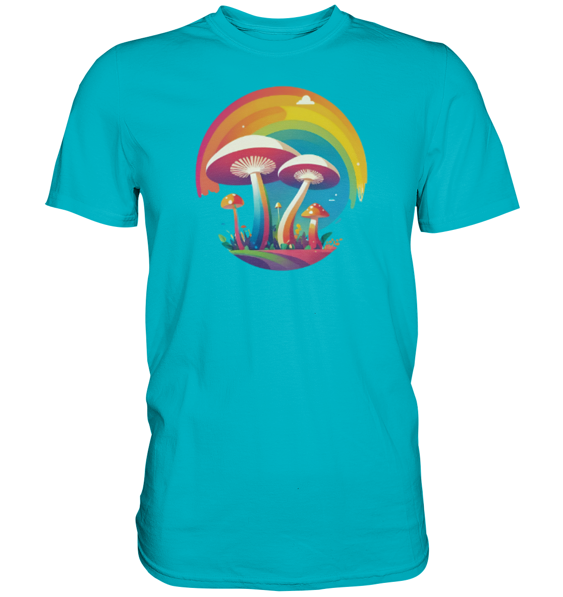 Leuchtend türkisfarbenes T-Shirt mit buntem Pilzdesign und Regenbogenmotiv.