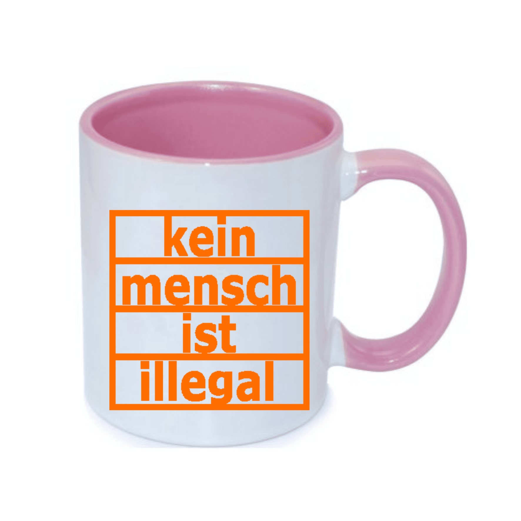 Weißer Becher mit pinkem Henkel und Innenteile, bedruckt mit der Aufschrift "kein mensch ist illegal" in orange.