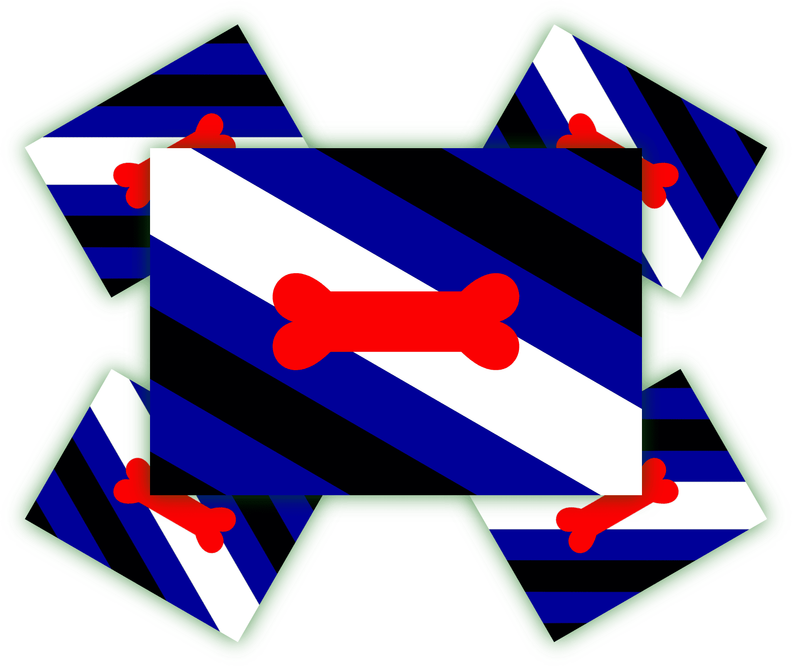 Dekorative Kissen mit auffälligem Streifen-Design und Knochen-Motiv. Vier quadratische Kissen mit blau-schwarz-weißen Streifen und einem roten Knochen-Motiv in der Mitte.