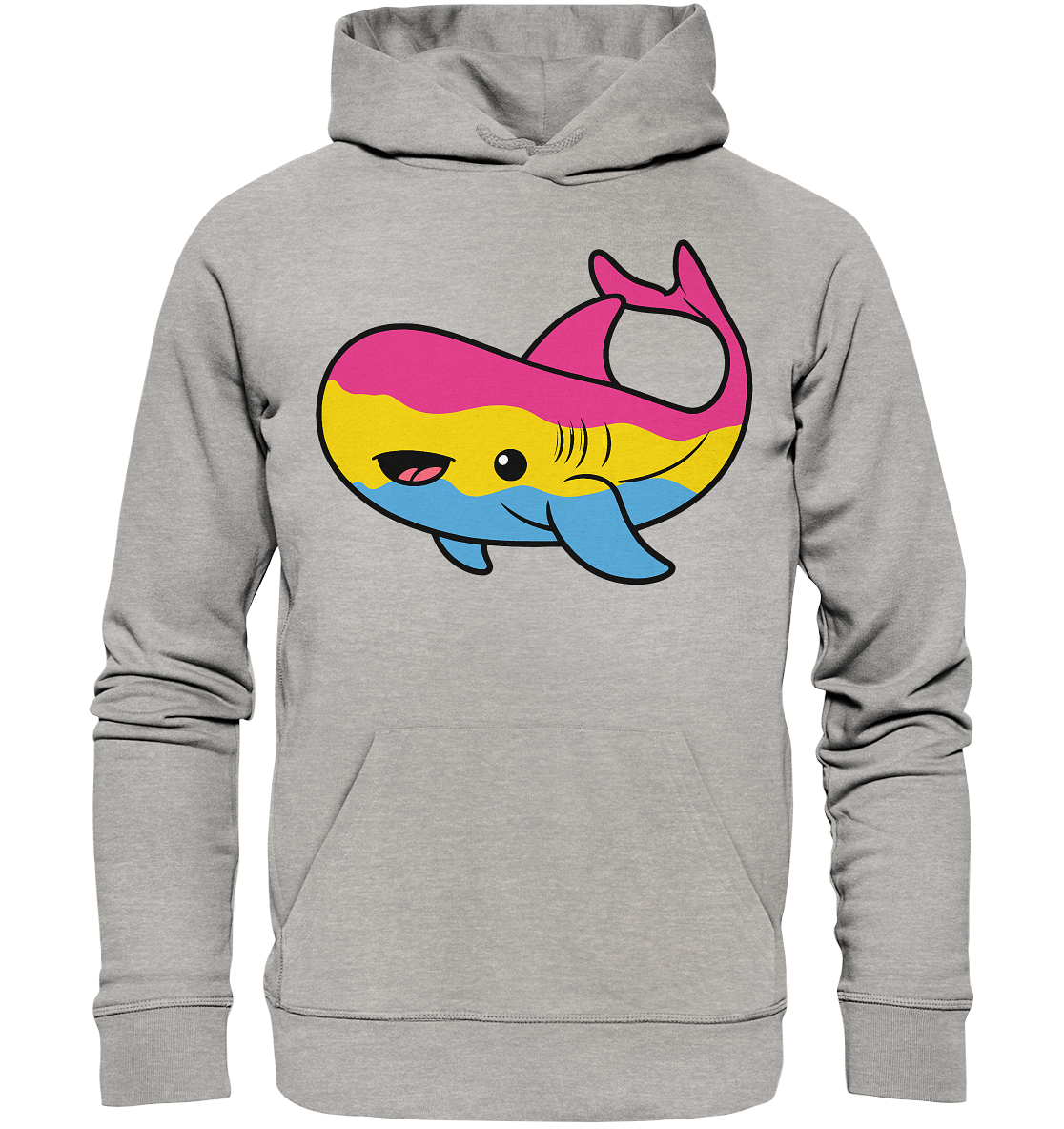 Grauer Hoodie mit einem bunten, lächelnden Wal-Motiv in Pink, Gelb und Blau.