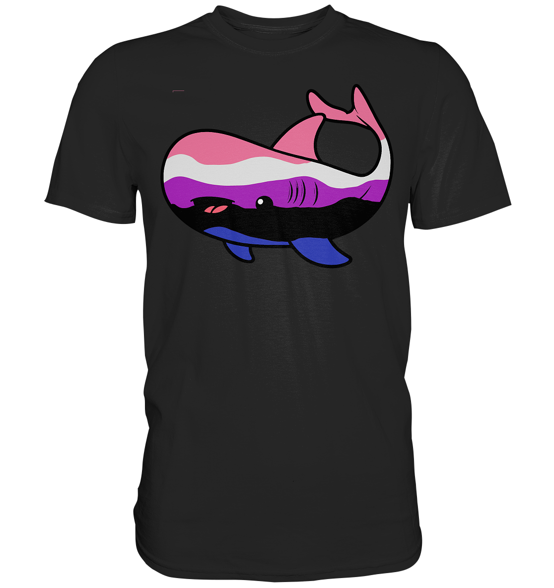 Schwarzes T-Shirt mit einem bunten Wal-Motiv in Pink, Lila und Blau.