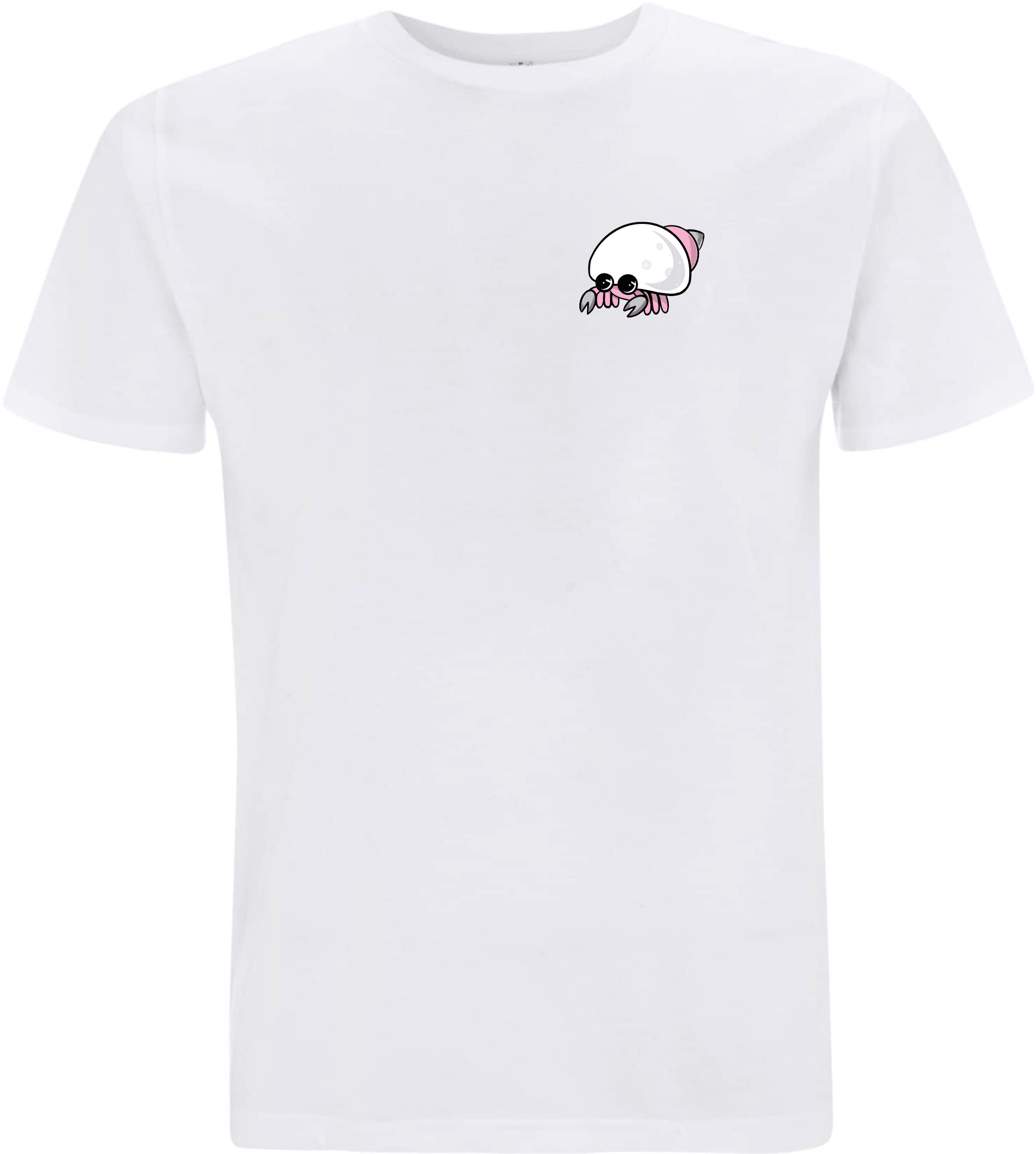 Weißes T-Shirt mit einem niedlichen, cartoonhaften Krebsmotiv auf der Brust.