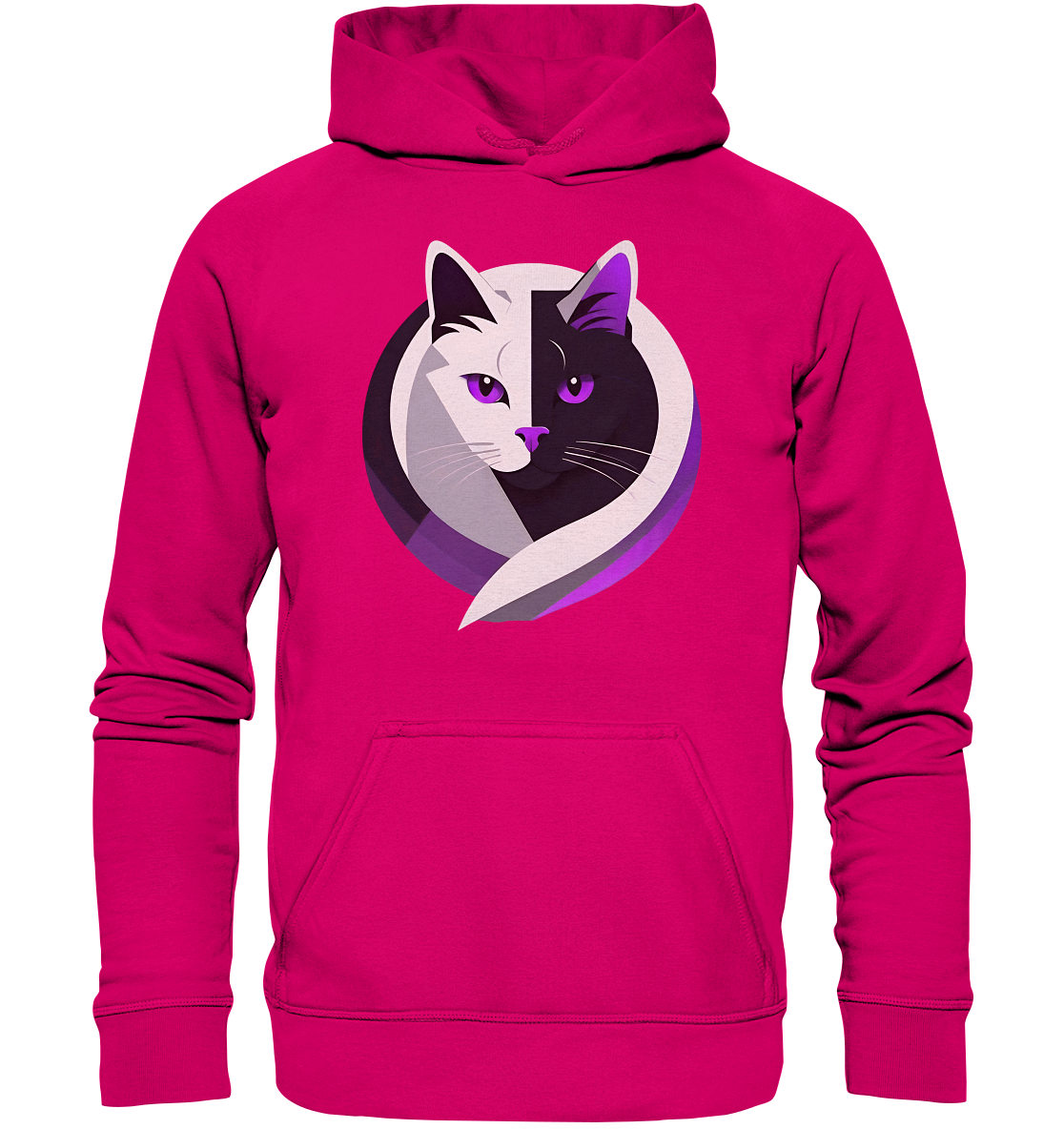 Ein pinker Hoodie mit einem grafischen Design, das die Köpfe einer weißen und einer schwarzen Katze in einem Kreis zeigt.