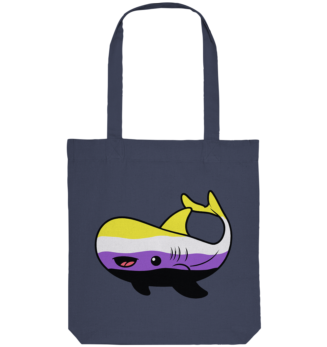 Eine niedliche Stofftasche mit einem bunten, cartoonhaften Walsymbol in lila, gelb und weiß.