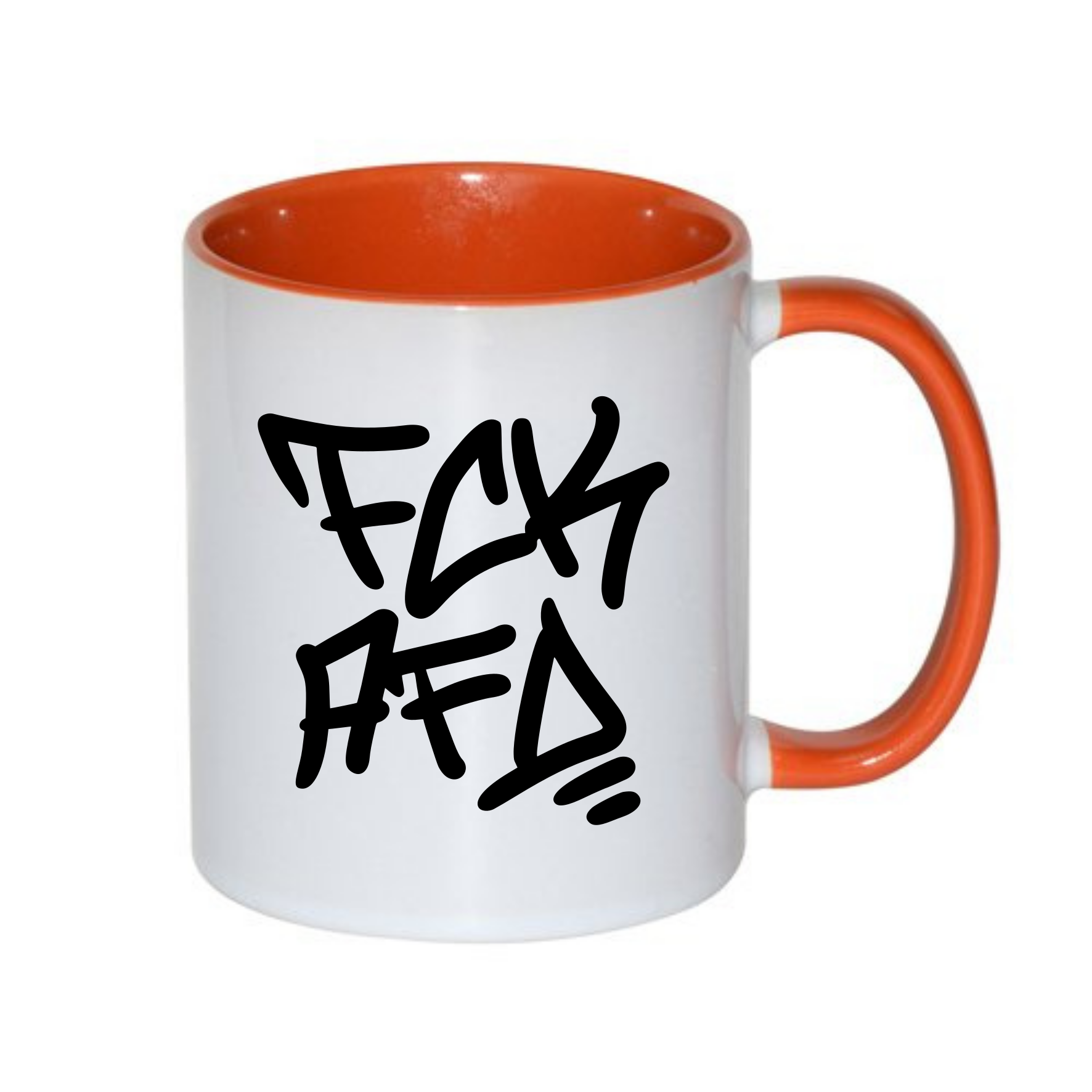 Eine weiße Tasse mit orangefarbenem Henkel und Innenseite, versehen mit einem grafischen Schriftzug.