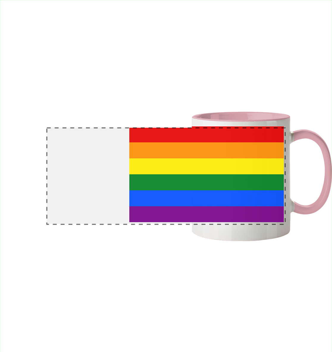 Bunte Tasse mit Regenbogenmotiv auf der Vorderseite.  