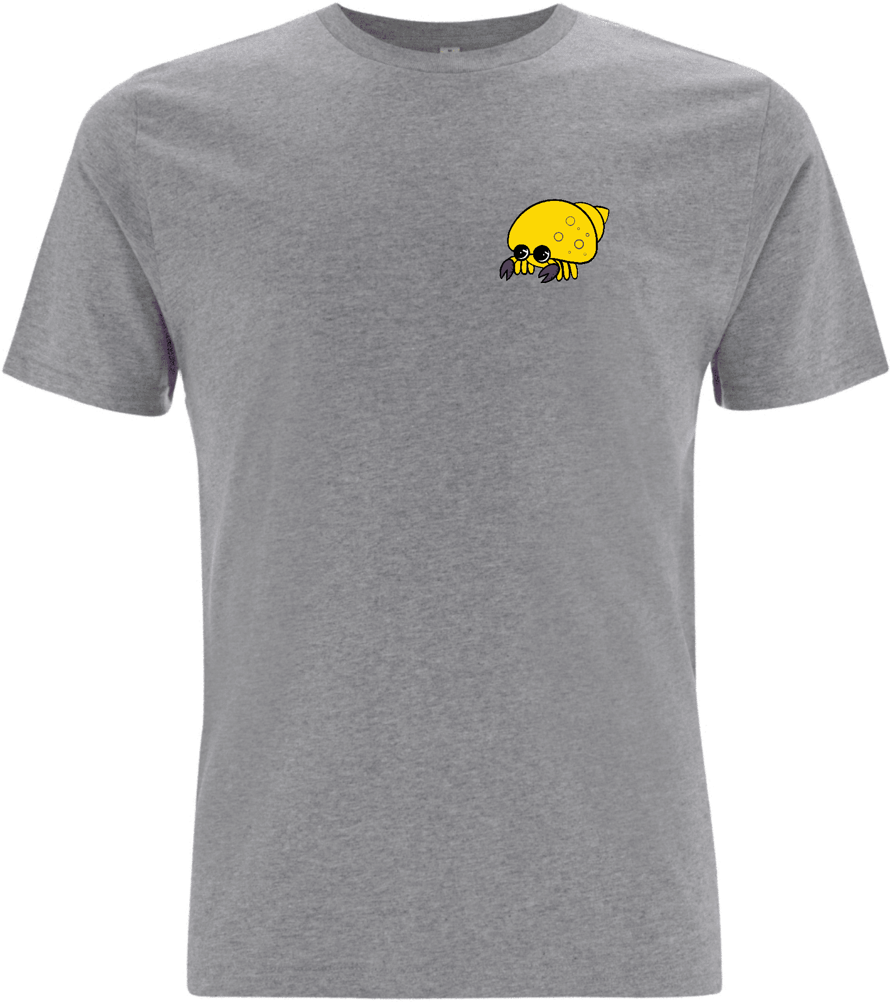Graues T-Shirt mit einem bunten, cartoonhaften Krebs-Design auf der linken Brustseite.