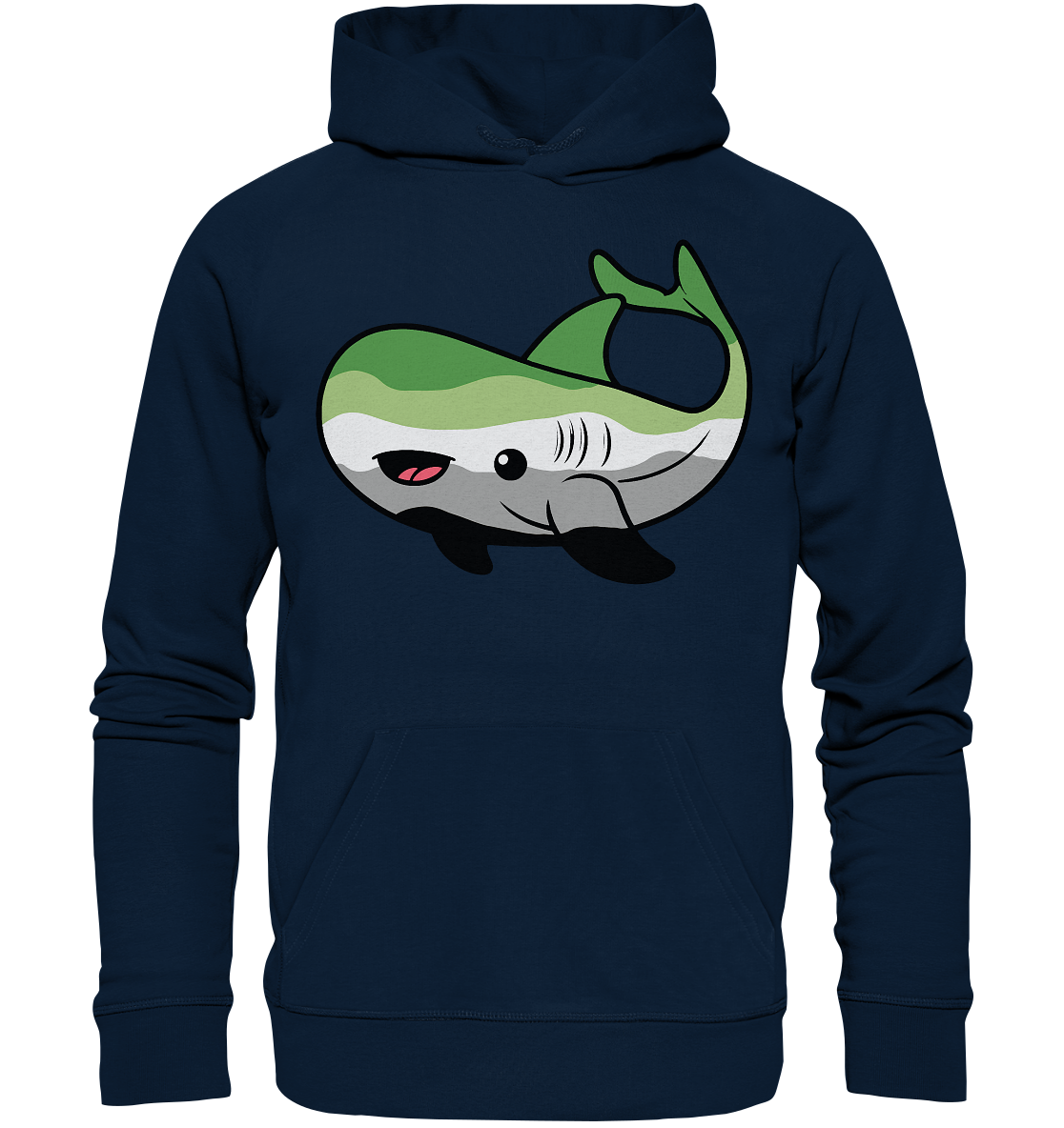 Blaues Sweatshirt mit einem niedlichen Walfisch-Design in grün und grau.