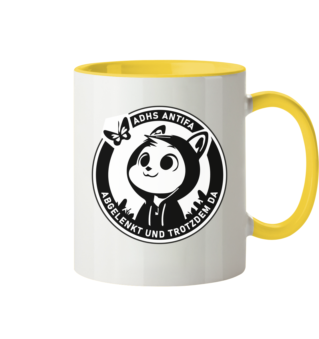 Tasse mit einem niedlichen Panda-Design und dem Schriftzug "ADHS ANTIFA – Abgelenkt und trotzdem da".