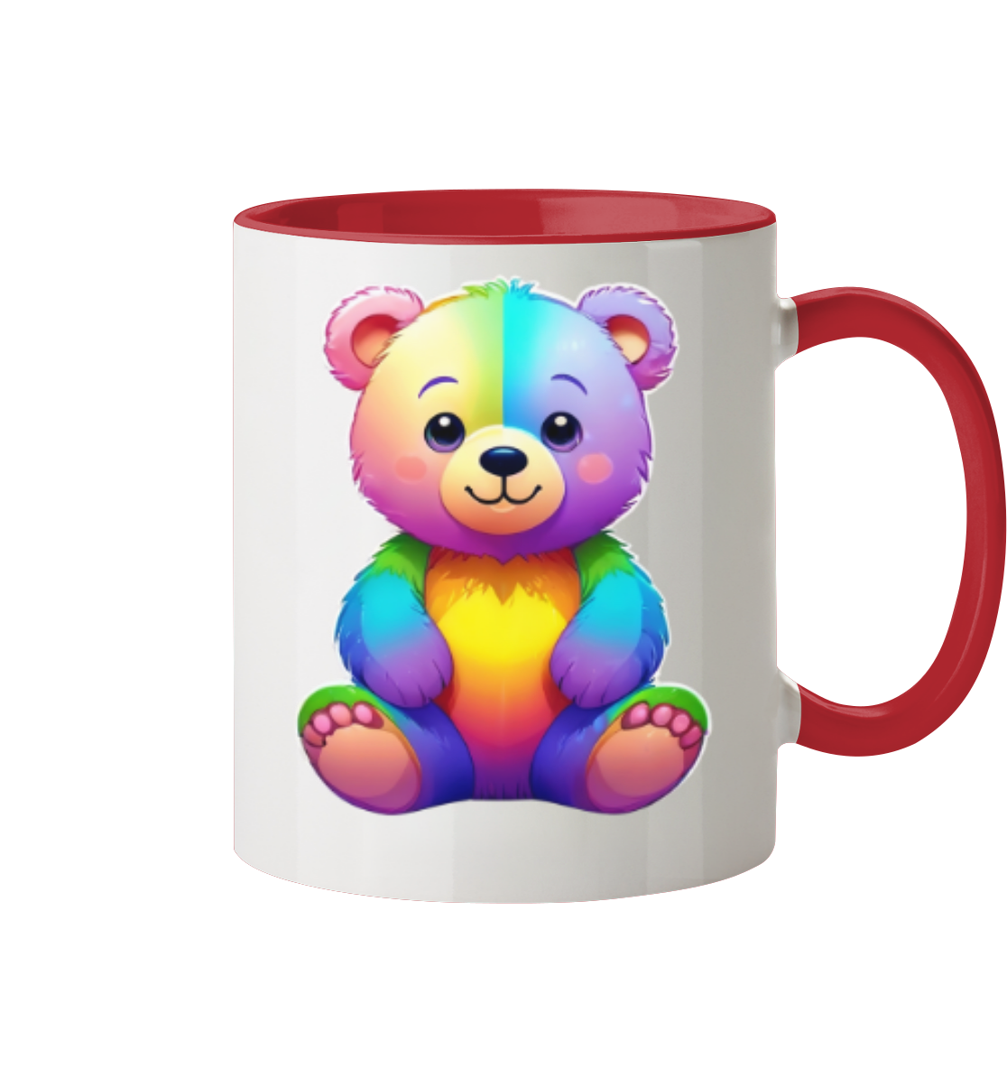 Bunte Tasse mit einem niedlichen, regenbogenfarbenen Bärenmotiv.