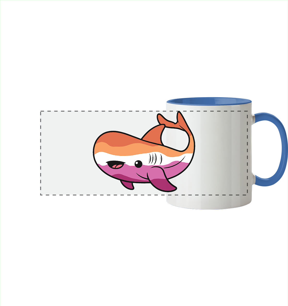 Bunte Kaffeetasse mit einem fröhlichen, cartoonhaften Walfisch-Design auf der Vorderseite.