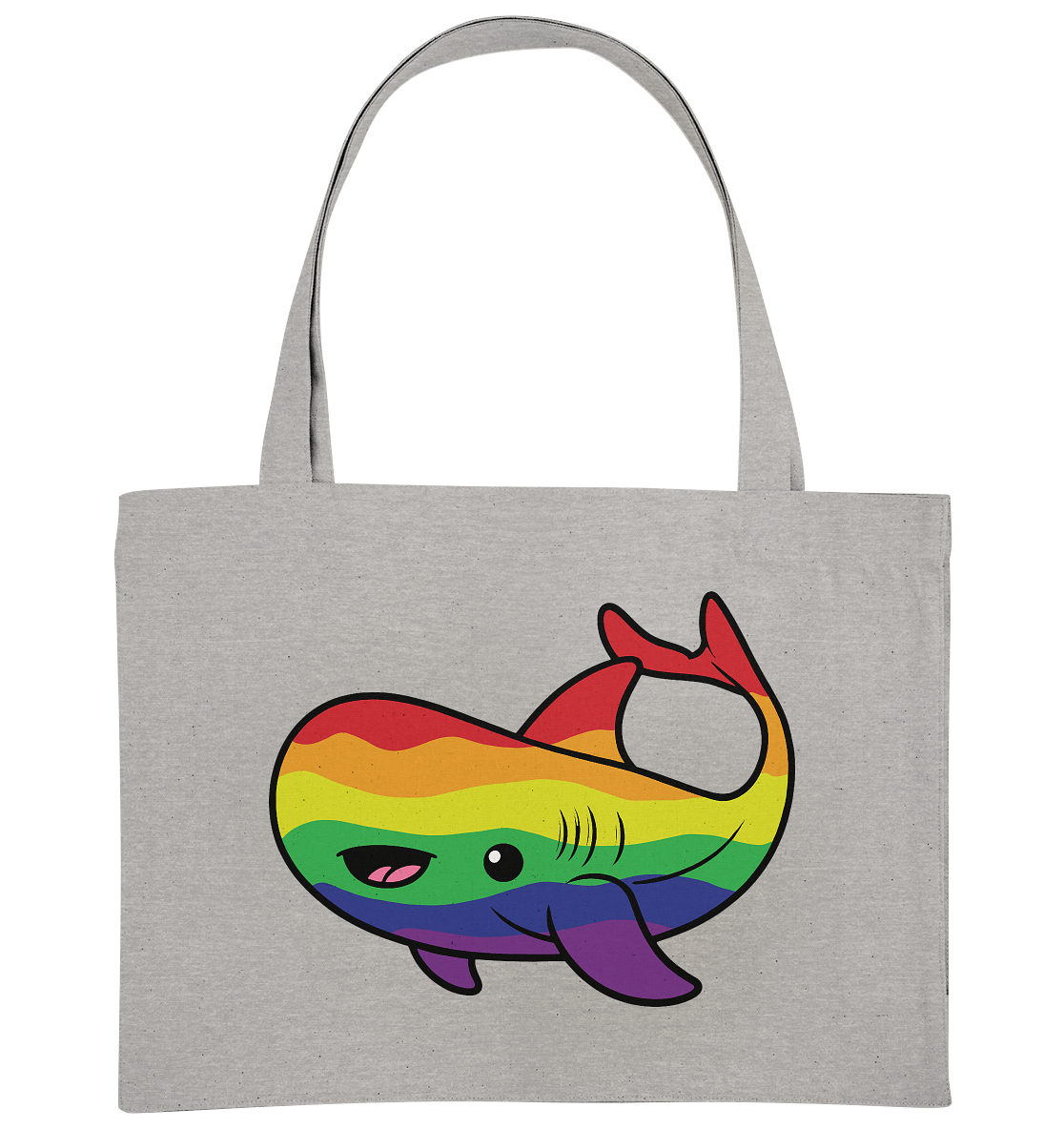 Graue Stofftasche mit einem bunten, cartoonhaften Wal, der in Regenbogenfarben gestaltet ist.