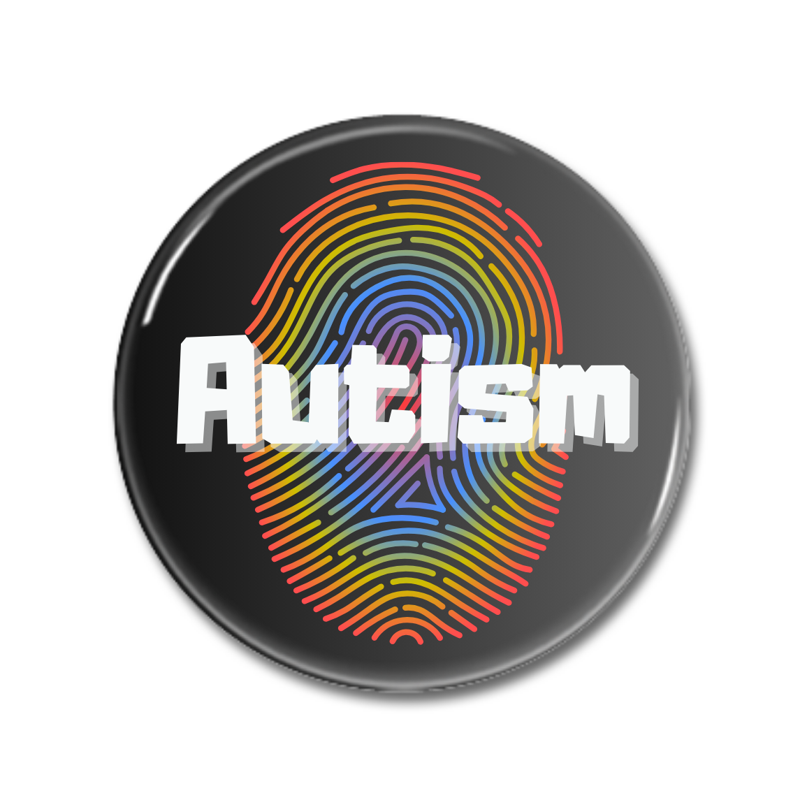 Farbiger Anstecker mit dem Schriftzug "Autism" und einem Fingerabdruck-Design.