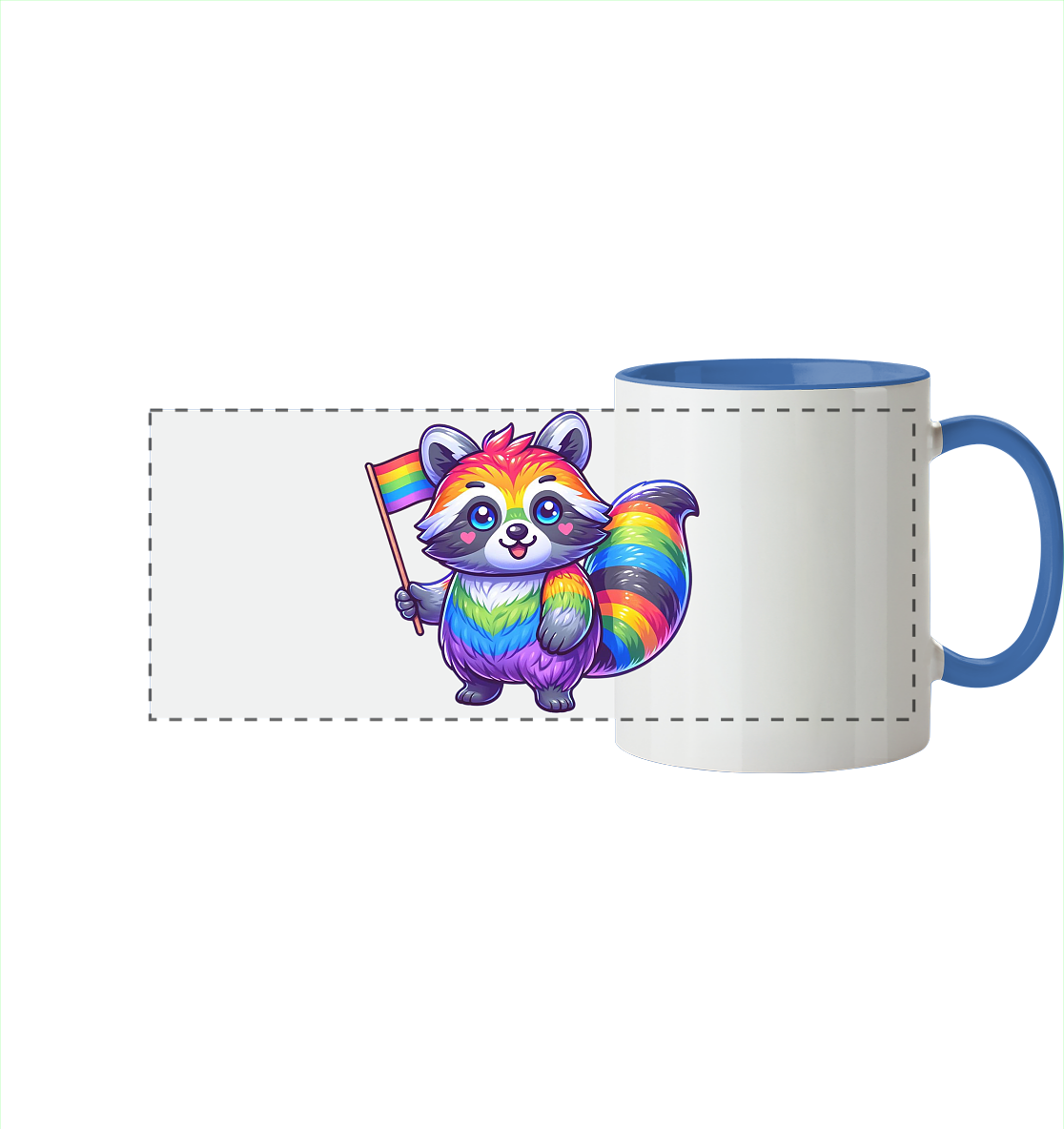 Bunte Tasse mit einem fröhlichen waschbärenartigen Charakter, der eine Regenbogenflagge hält.