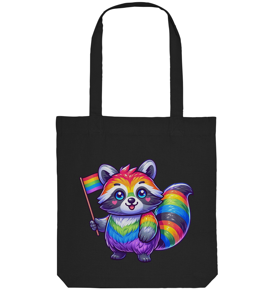 Baumwolltasche mit einem bunten, cartoonhaften Waschbär, der eine Regenbogenflagge hält.