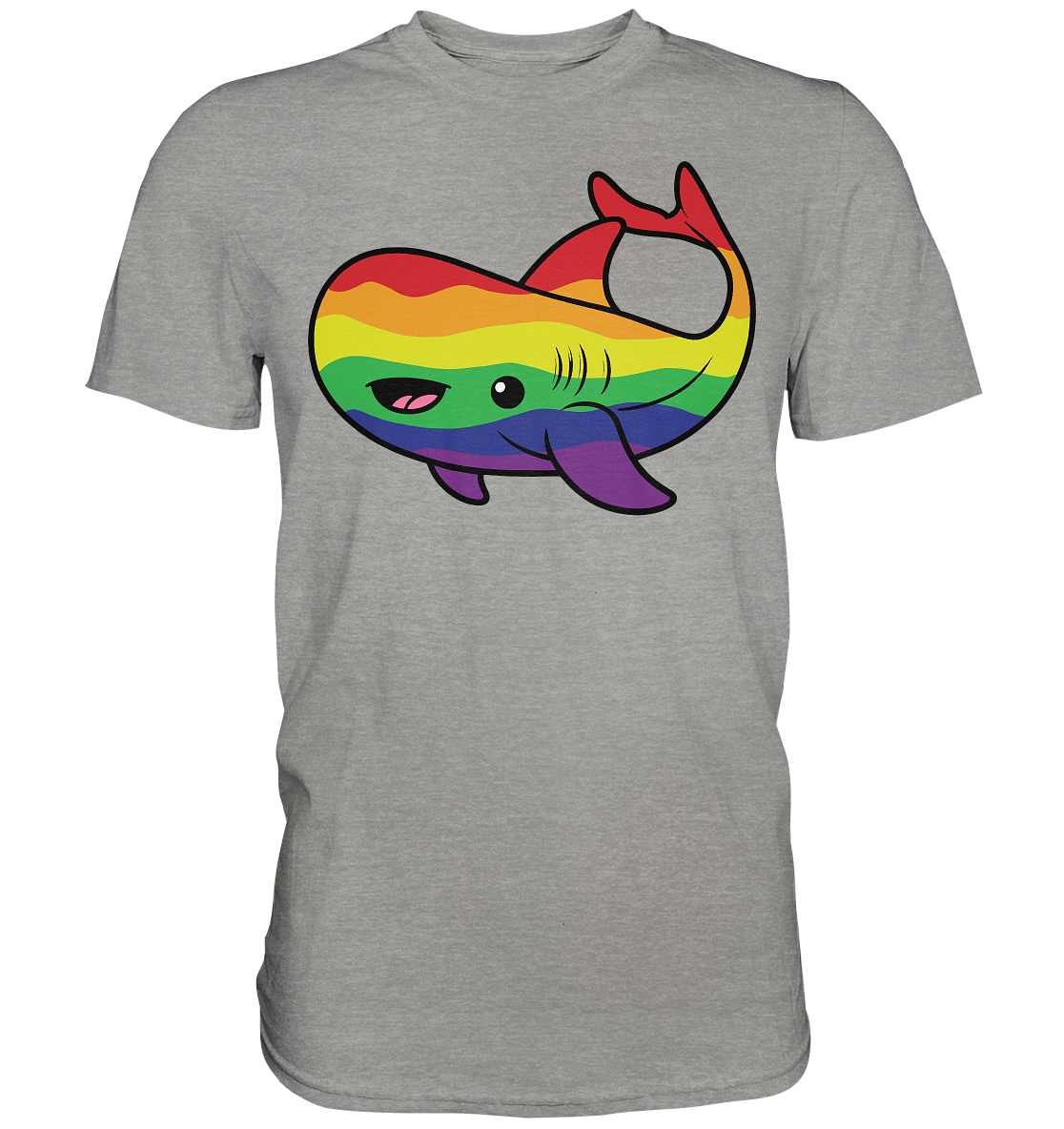 Graues T-Shirt mit einem bunten, cartoonhaften Walmotiv in Regenbogenfarben.