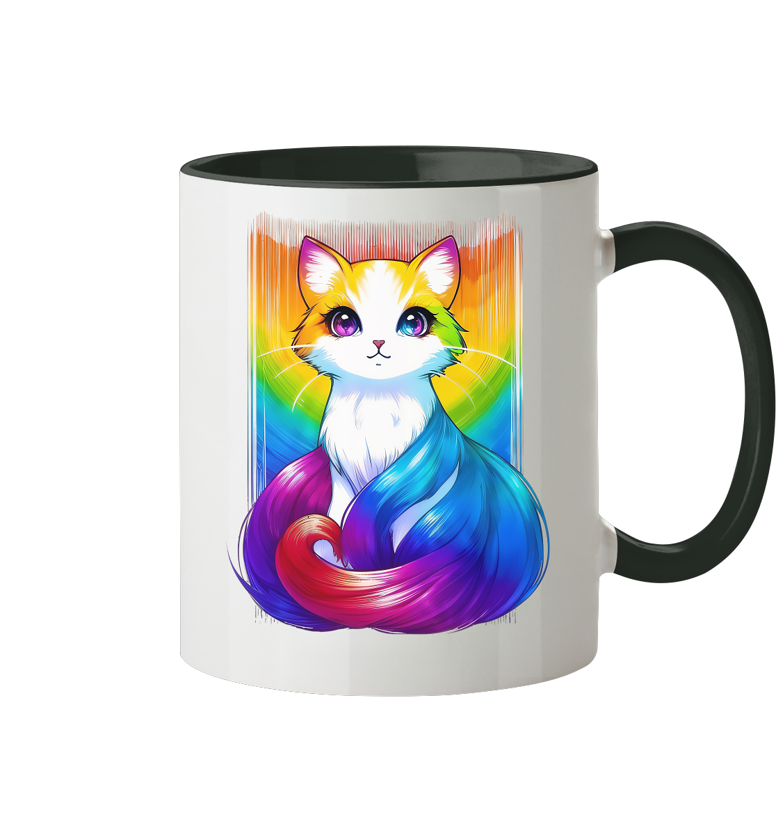 Bunte Keramiktasse mit einem niedlichen, künstlerischen Katzenmotiv und einem Regenbogen-Hintergrund.