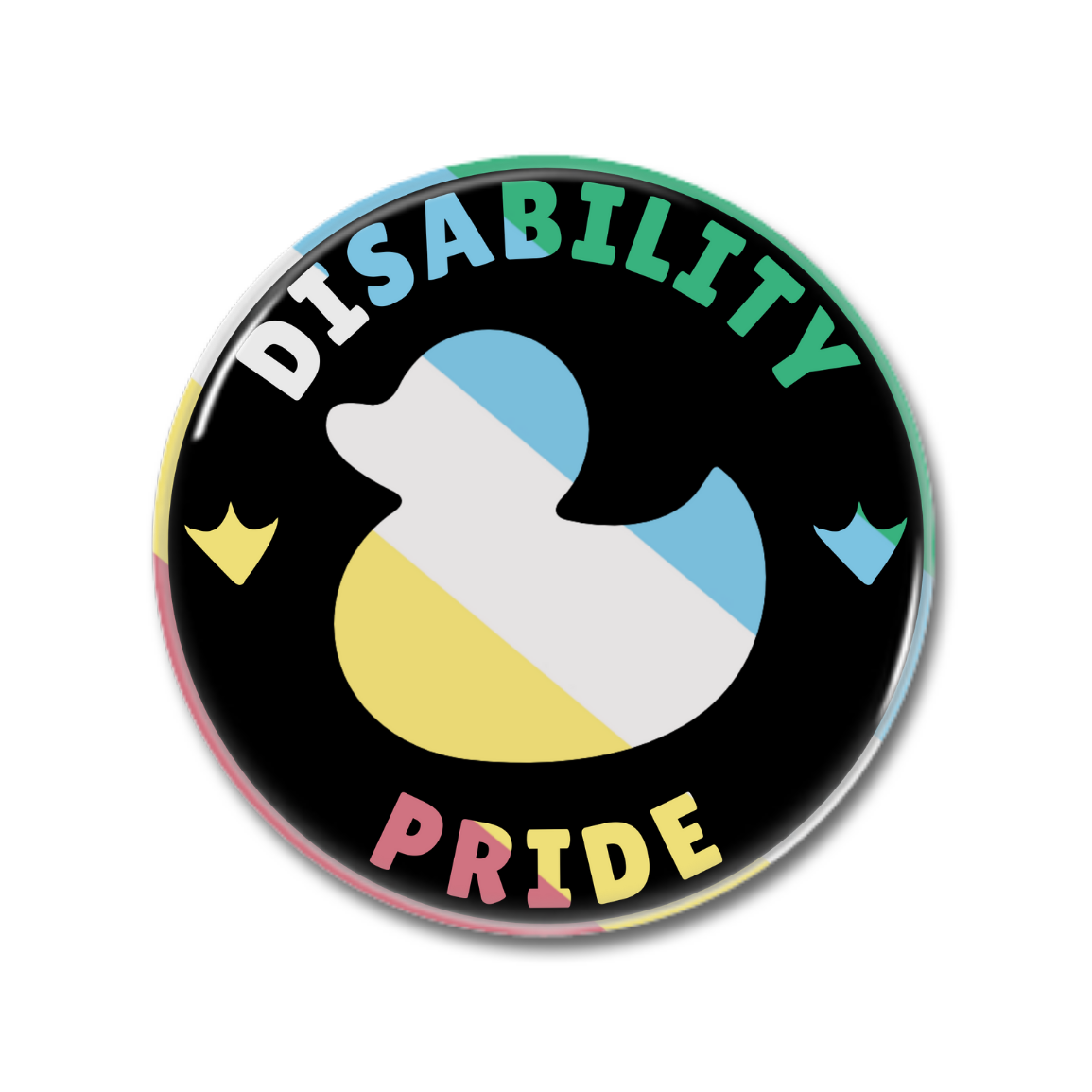 Button mit dem Aufdruck „DISABILITY PRIDE“ und einer stilisierten Wasservogel-Silhouette in verschiedenen Farben.