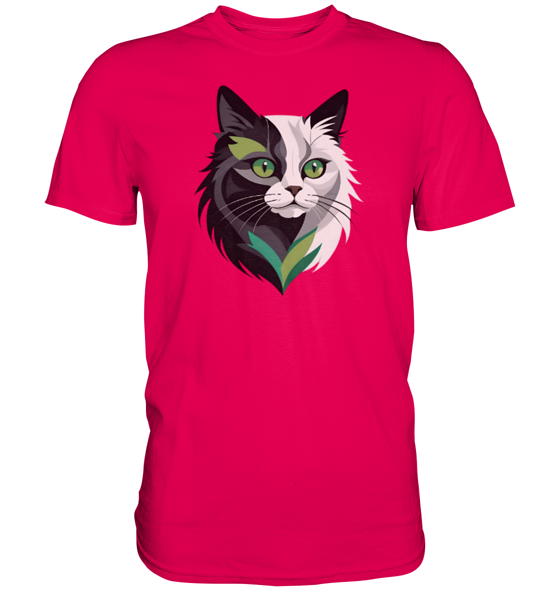 T-Shirt in Pink mit einem künstlerischen Katzenmotiv in Schwarz, Weiß und Grün.