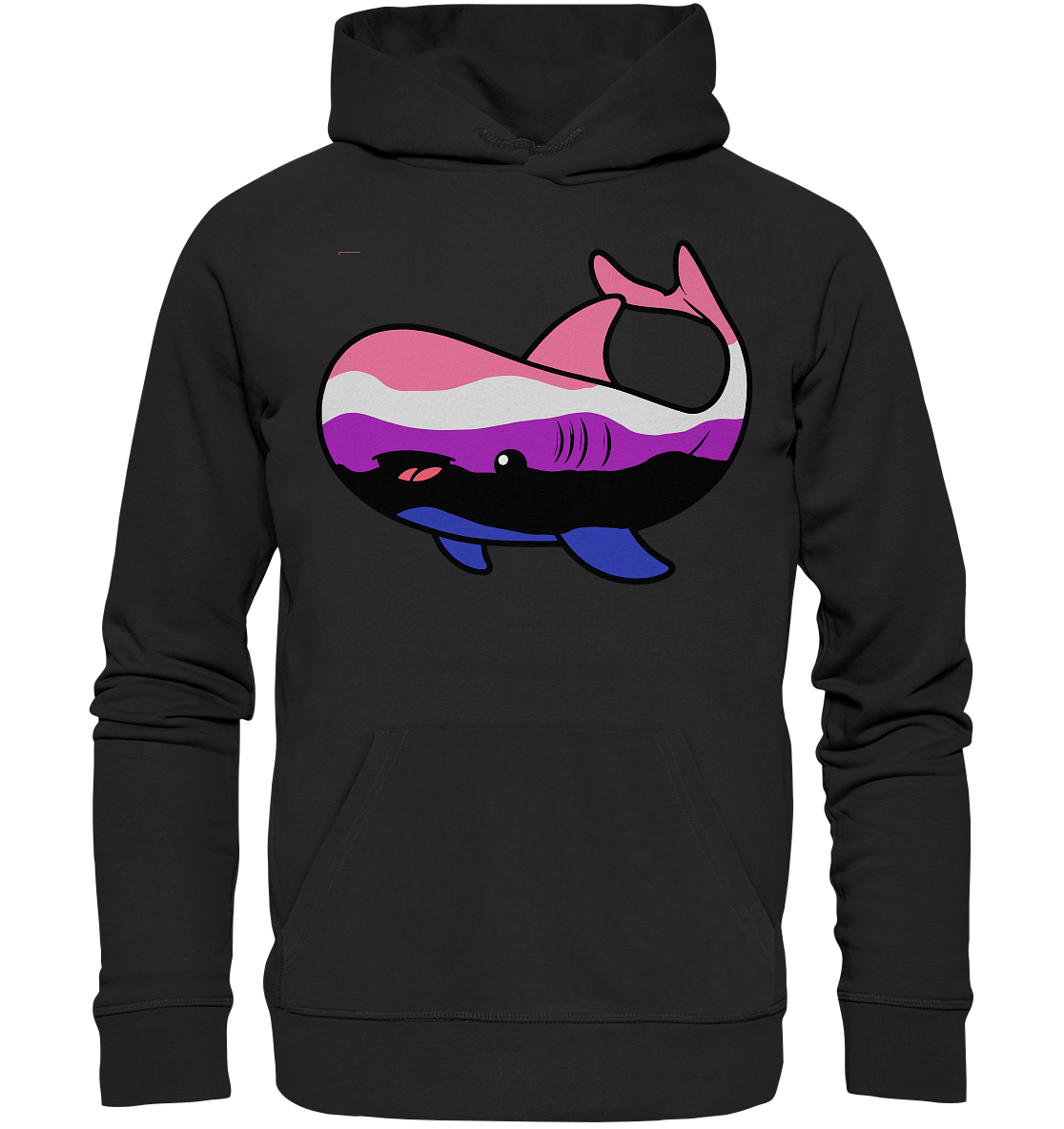 Bunt bedruckter Hoodie mit einer stilisierten Wal-Illustration in verschiedenen Farben.