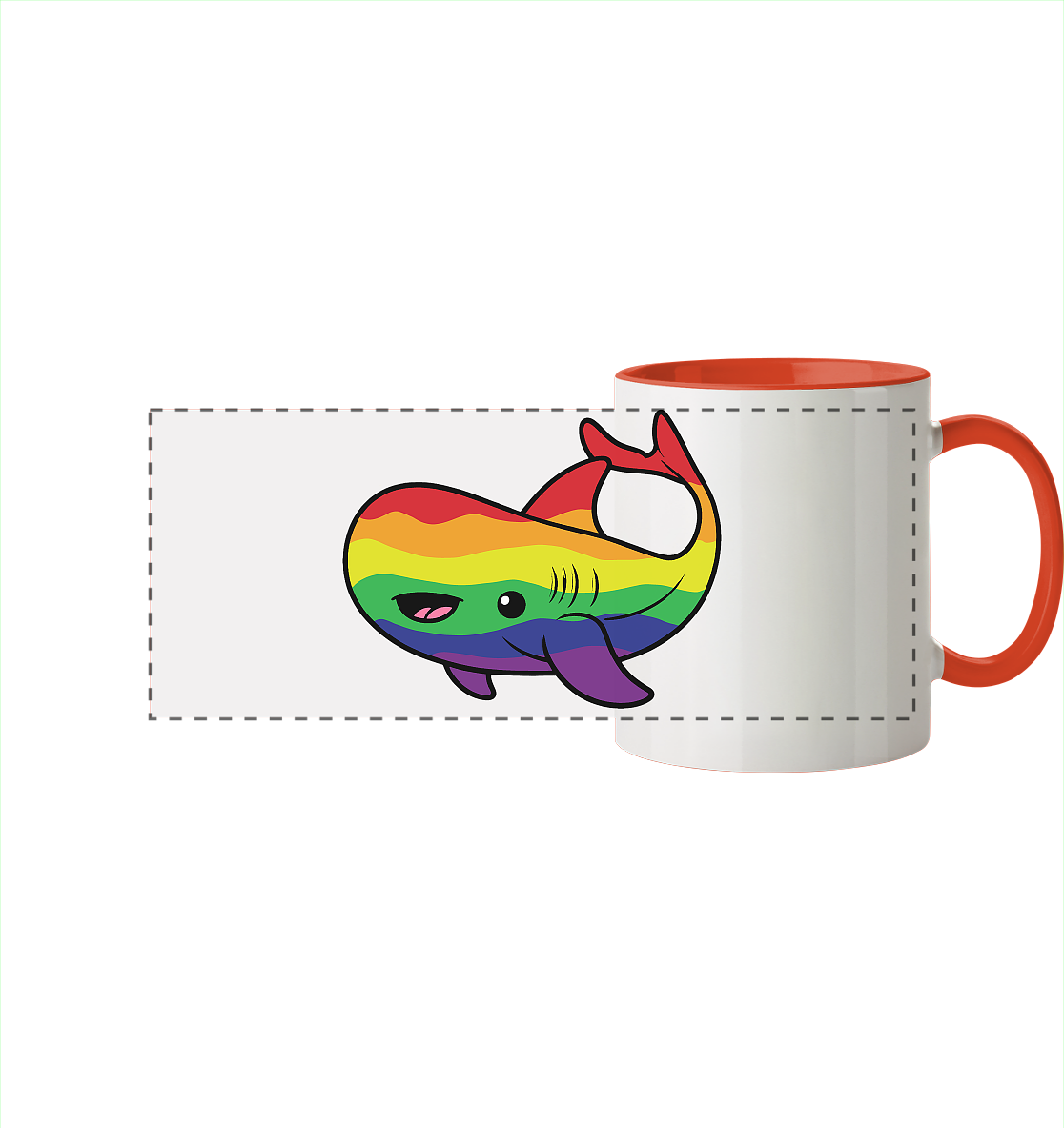 Bunte Tasse mit einem cartoonhaften, regenbogenfarbenen Walfisch-Design.