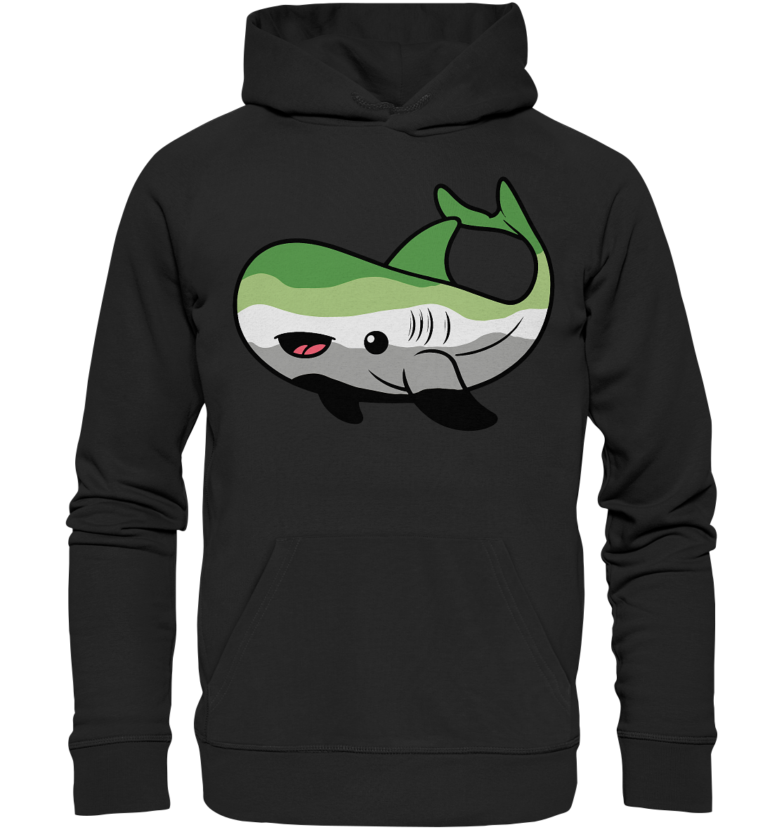 Schwarzer Hoodie mit einem niedlichen, grafischen Wal-Motiv in Grün und Grau.