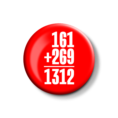 Mathe-Button mit der Rechnung „161 + 269 / 1312“. Roter Button mit der Aufschrift „161 + 269 / 1312“.