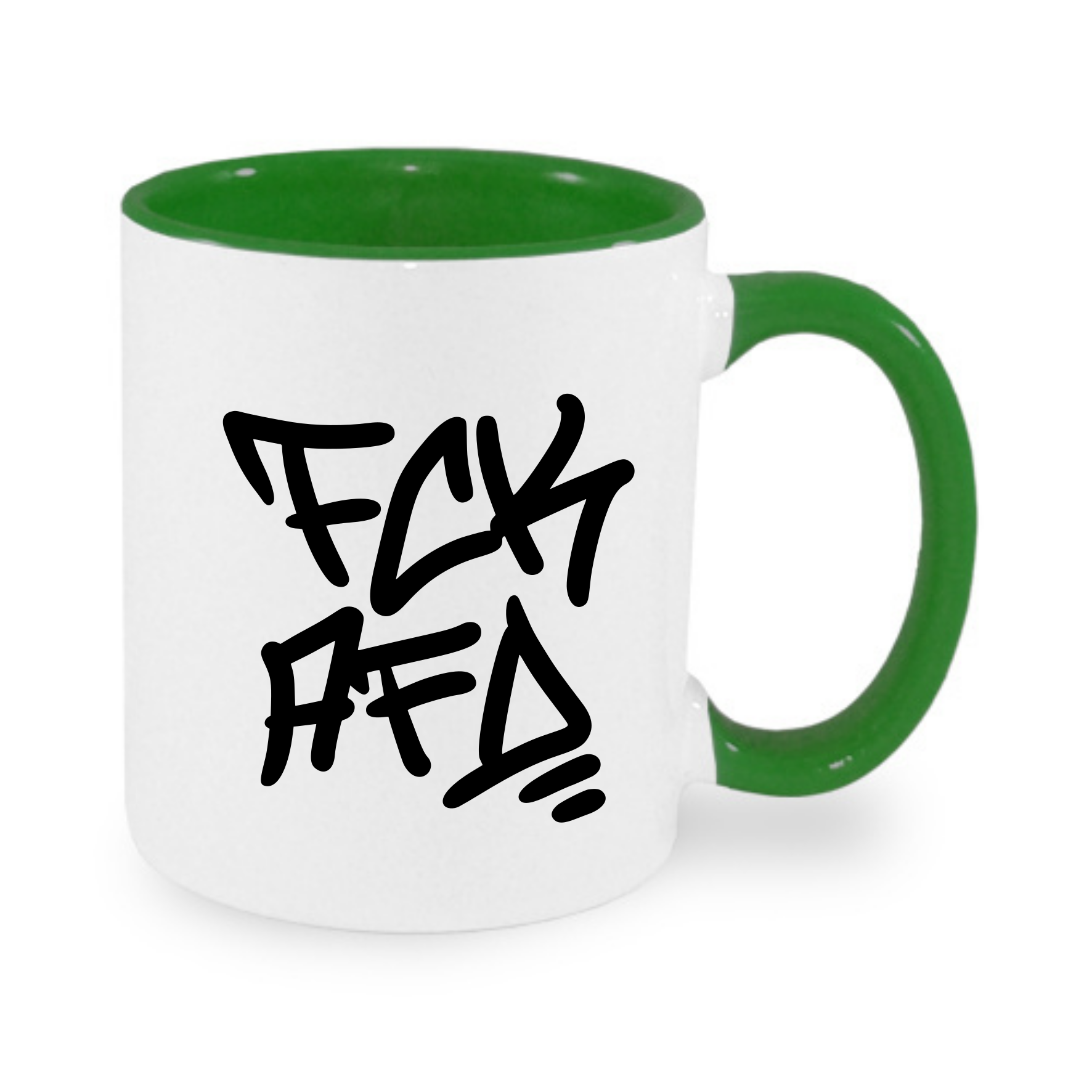 Tasse mit grünem Henkel und Innenfarbe, bedruckt mit grafischem Schriftzug.  