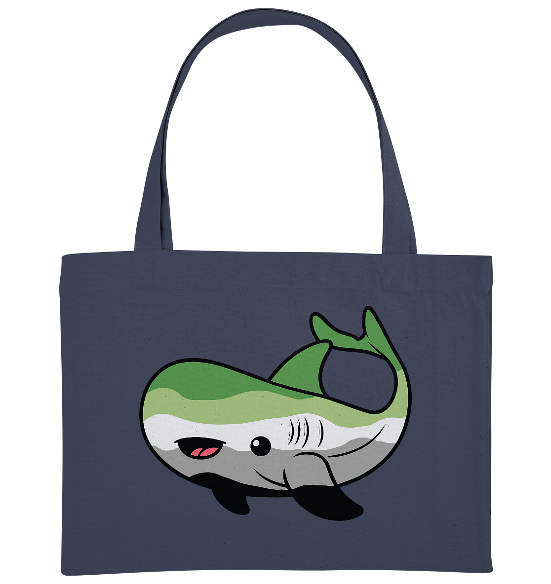 Taschenshopping bag mit einem niedlichen, cartoonhaften Wal-Motiv in grünen und grauen Tönen.