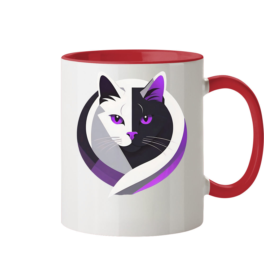 Tasse mit einem künstlerischen Design, das eine schwarz-weiße Katze in Lila- und Grautönen darstellt.