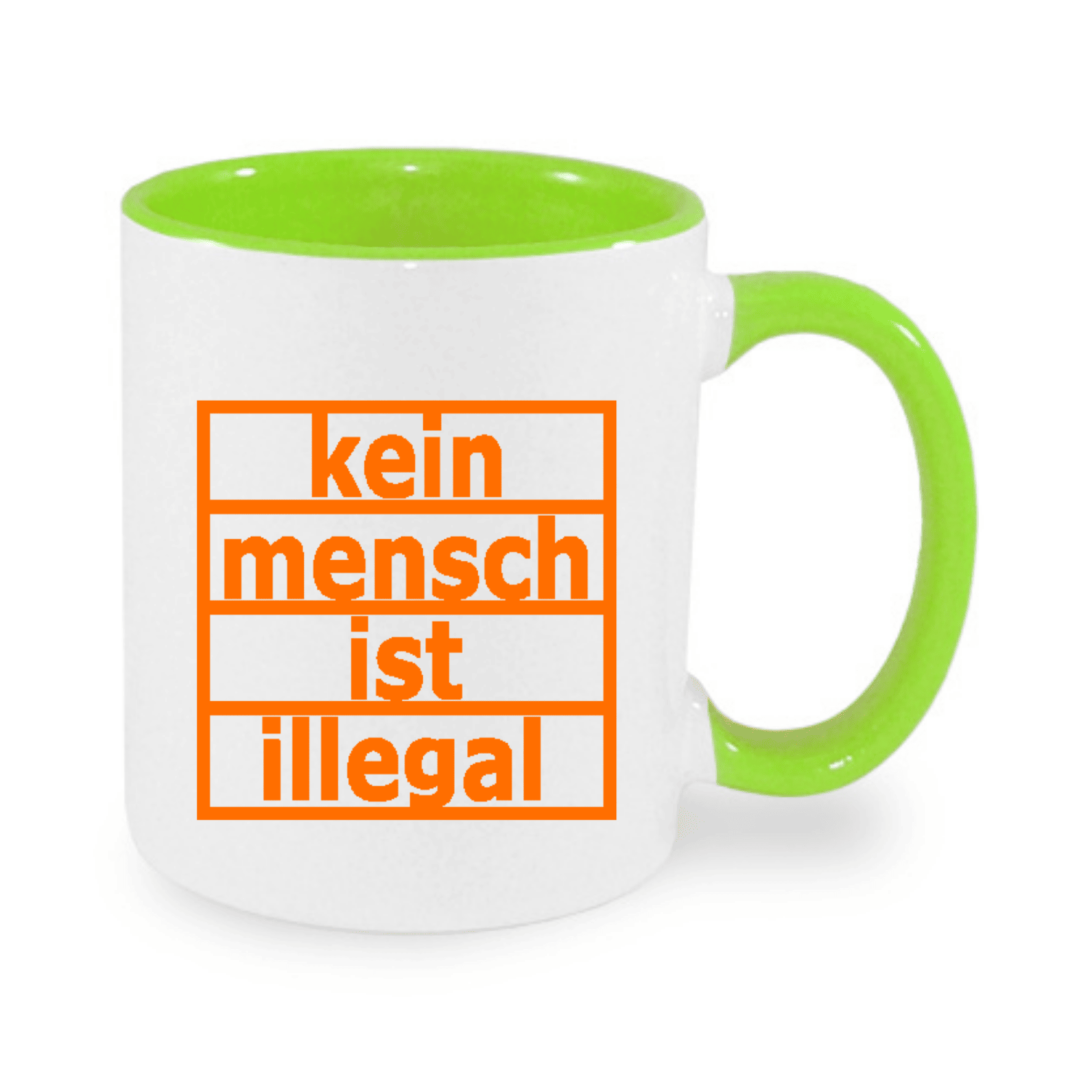 Bunte Tasse mit dem aufgedruckten Text "kein mensch ist illegal" in orange.