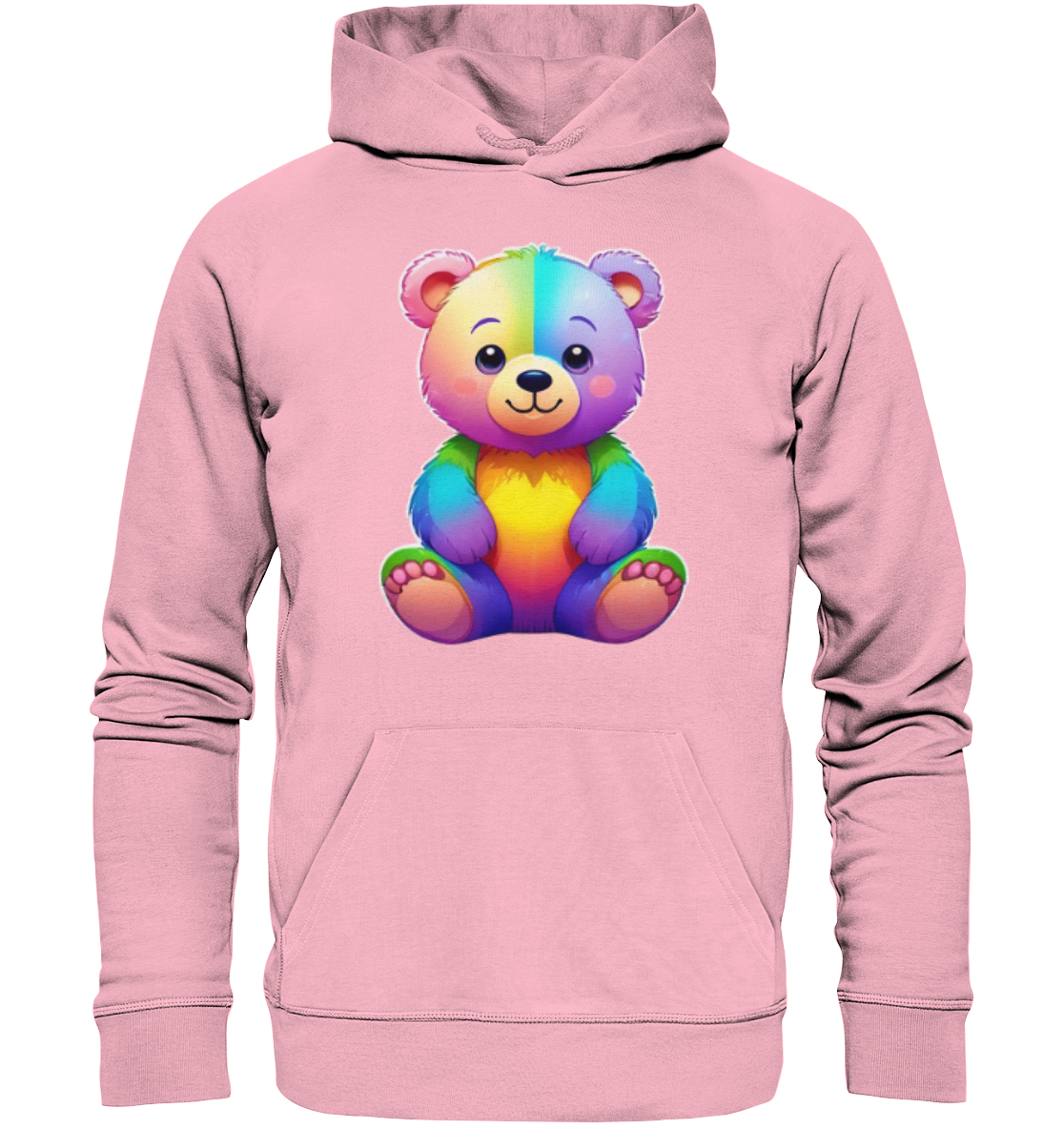 Bunter Hoodie mit einem lächelnden, cartoonhaften Bären-Motiv in Regenbogenfarben auf der Vorderseite.