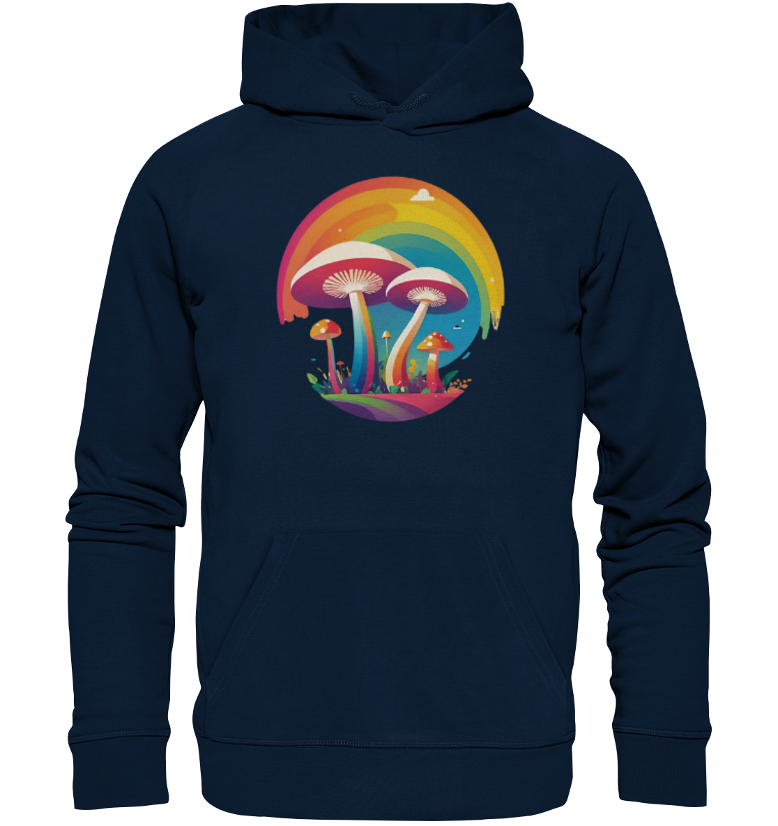 Blauer Hoodie mit buntem Pilzdesign und Regenbogenmotiv.