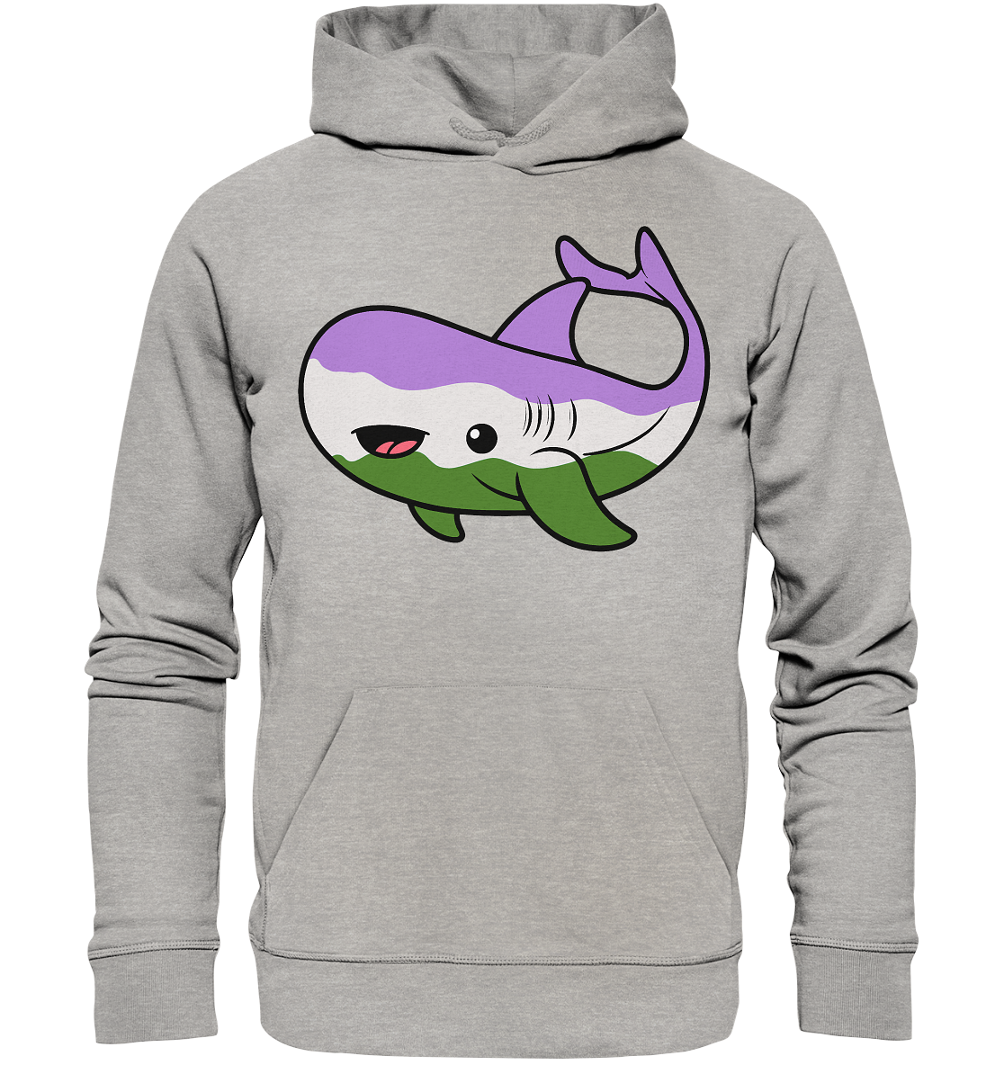 Grauer Hoodie mit lustigem Walfisch-Motiv in lila und grün.