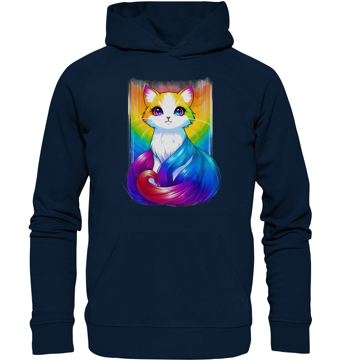 Kapuzenpullover mit buntem, cartoonhaftem Katzenmotiv in Regenbogenfarben.