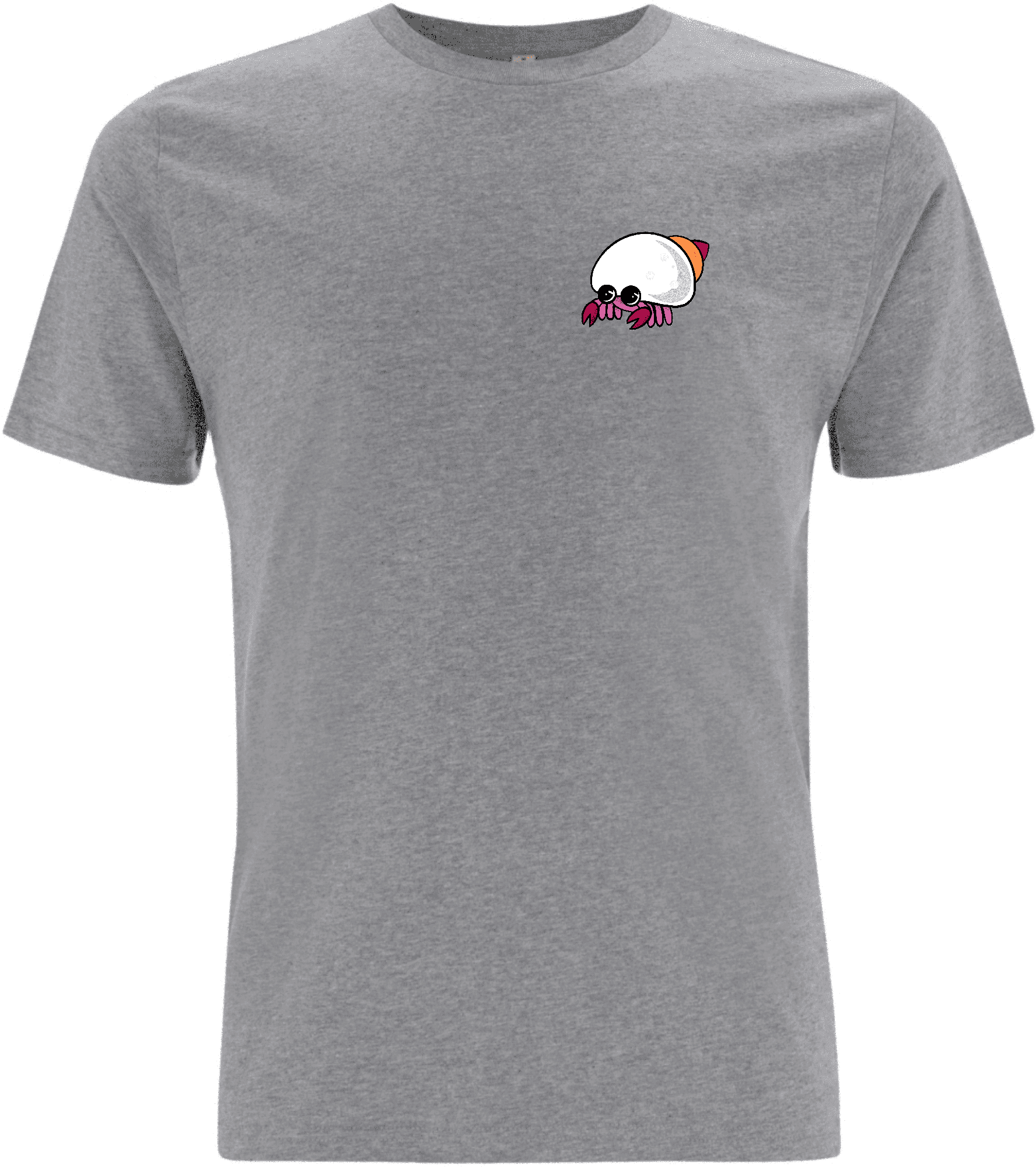 Graues T-Shirt mit buntem, cartoonhaftem Kraken-Motiv auf der linken Brustseite.