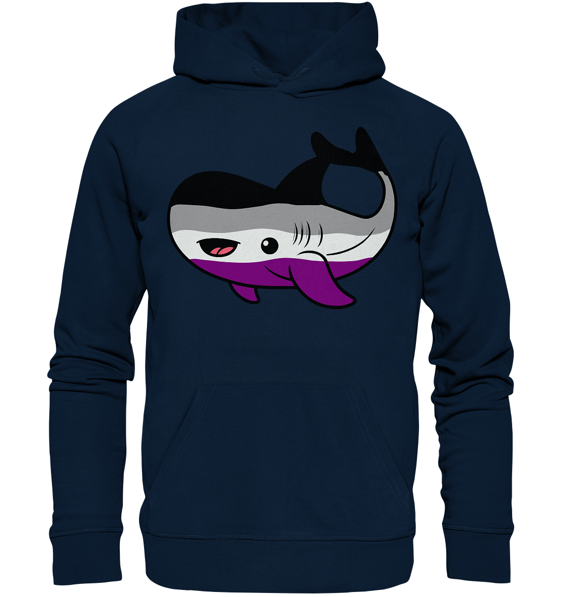 Kapuzenpullover in navy mit einem bunten, cartoonhaften Hai-Motiv auf der Vorderseite.