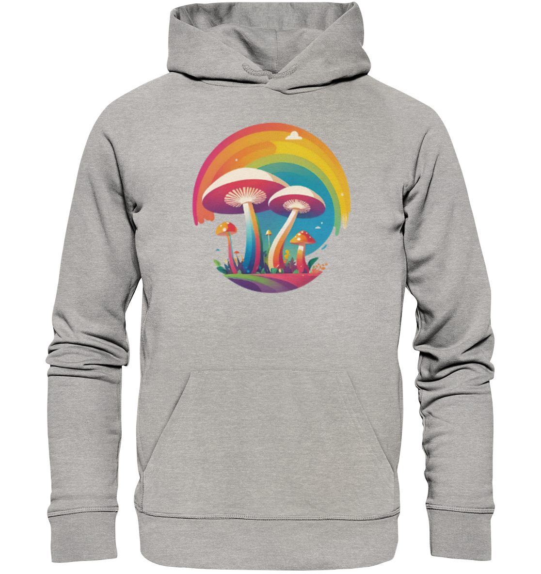 Grauer Hoodie mit buntem Pilz-Design und Regenbogenmotiv.