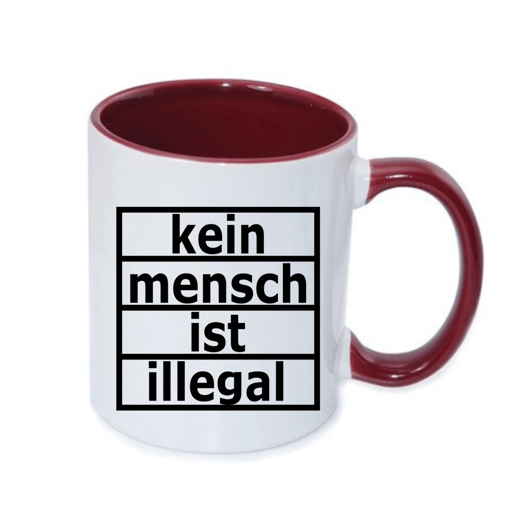 Tasse mit dem Aufdruck "kein mensch ist illegal" in schwarzer Schrift auf weißem Hintergrund und rotem Henkel.